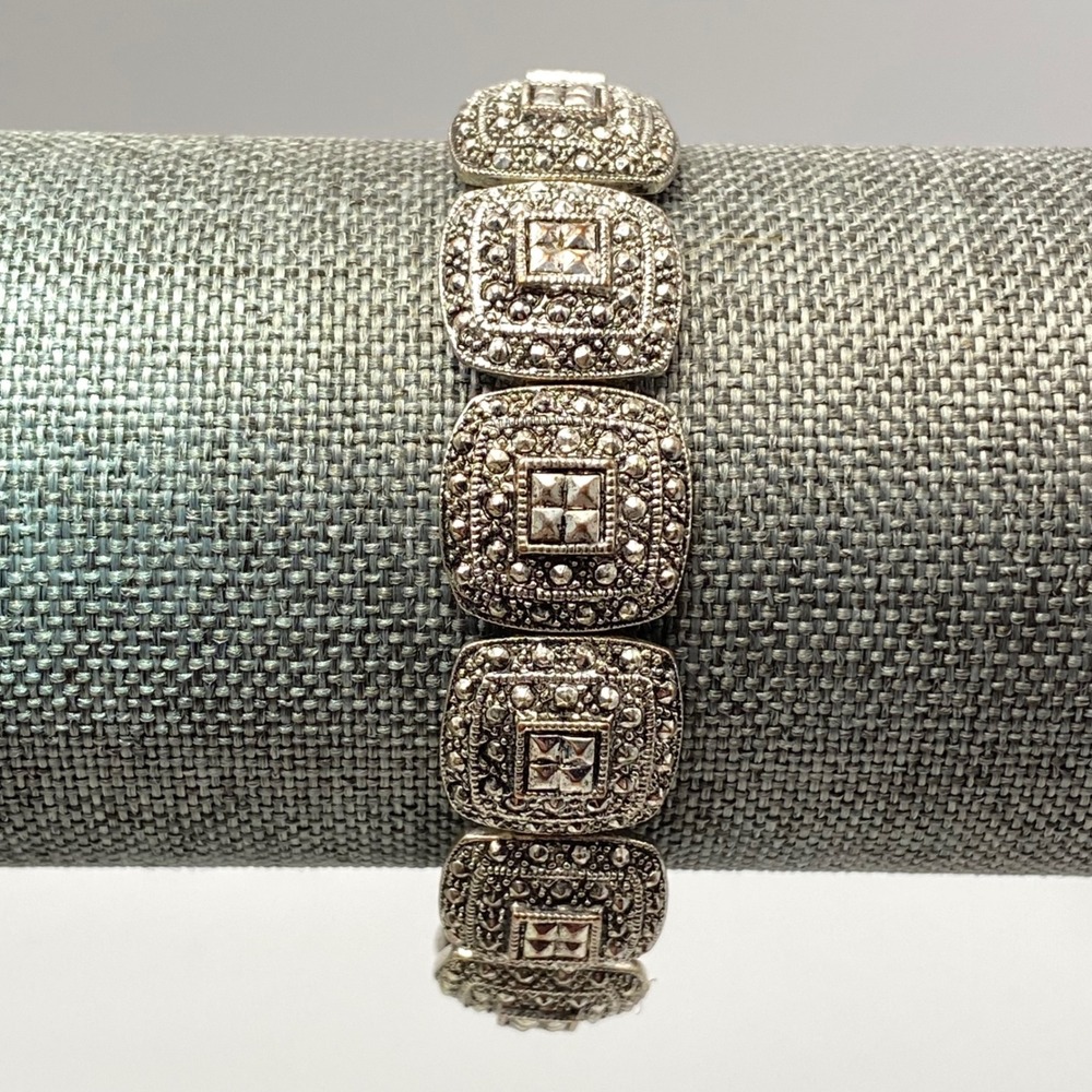 Vintage Stretch Bracelet Silver Tone Art Deco Marcasite Style Square Links OS